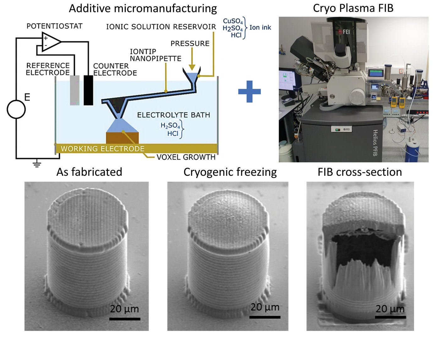 Fig. 1: Top: Process flow involving additive micromanufacturing followed by cryogenic milling using a PFIB. Bottom: A copper micropillar with encapsulated water, which was subsequently frozen resulting in bulging side and top walls – seen more clearly from FIB cross-section.