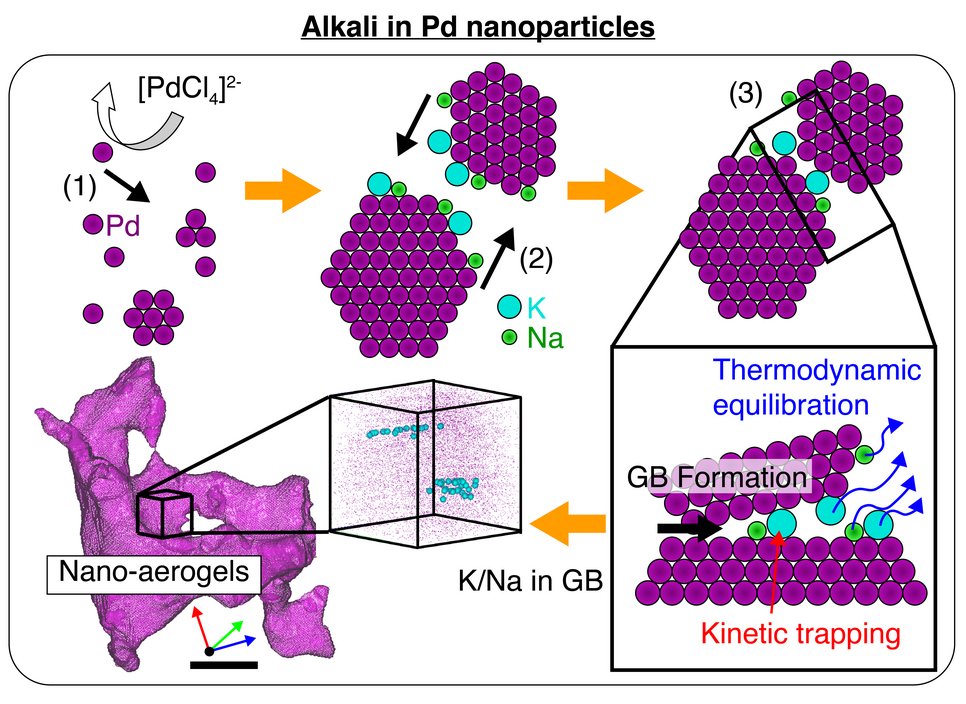 Figure: Schematic representation illustrating mechanisms of impurity incorporations using the example of alkali metals in a Pd nanoparticle. Adapted from Ref. [1].