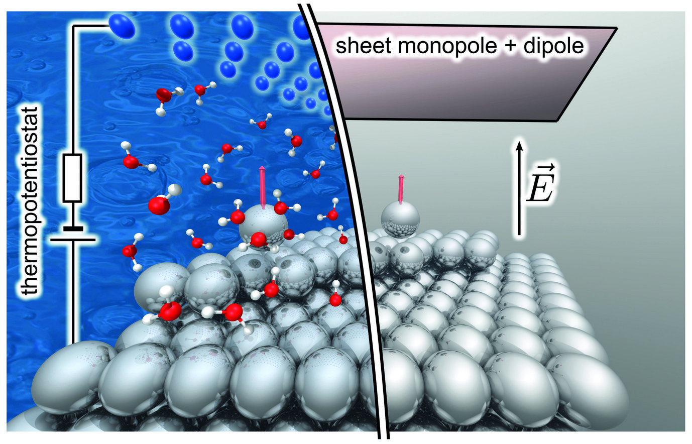 Fig. 1: Schematic representation of dissolution (in electrochemical environment, left) and field evaporation (right) from a surface under the influence of an applied electric field. 