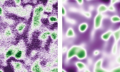 Fig. 2: Left: Snapshot from in situ STEM-HAADF imaging of the dealloying of a TaTiZrHf high-entropy alloy. Right: snapshot from the phase-field informed neural network representation Fig. 2: Left: Snapshot from in situ STEM-HAADF imaging of the dealloying of a TaTiZrHf high-entropy alloy. Right: snapshot from the phase-field informed neural network representation