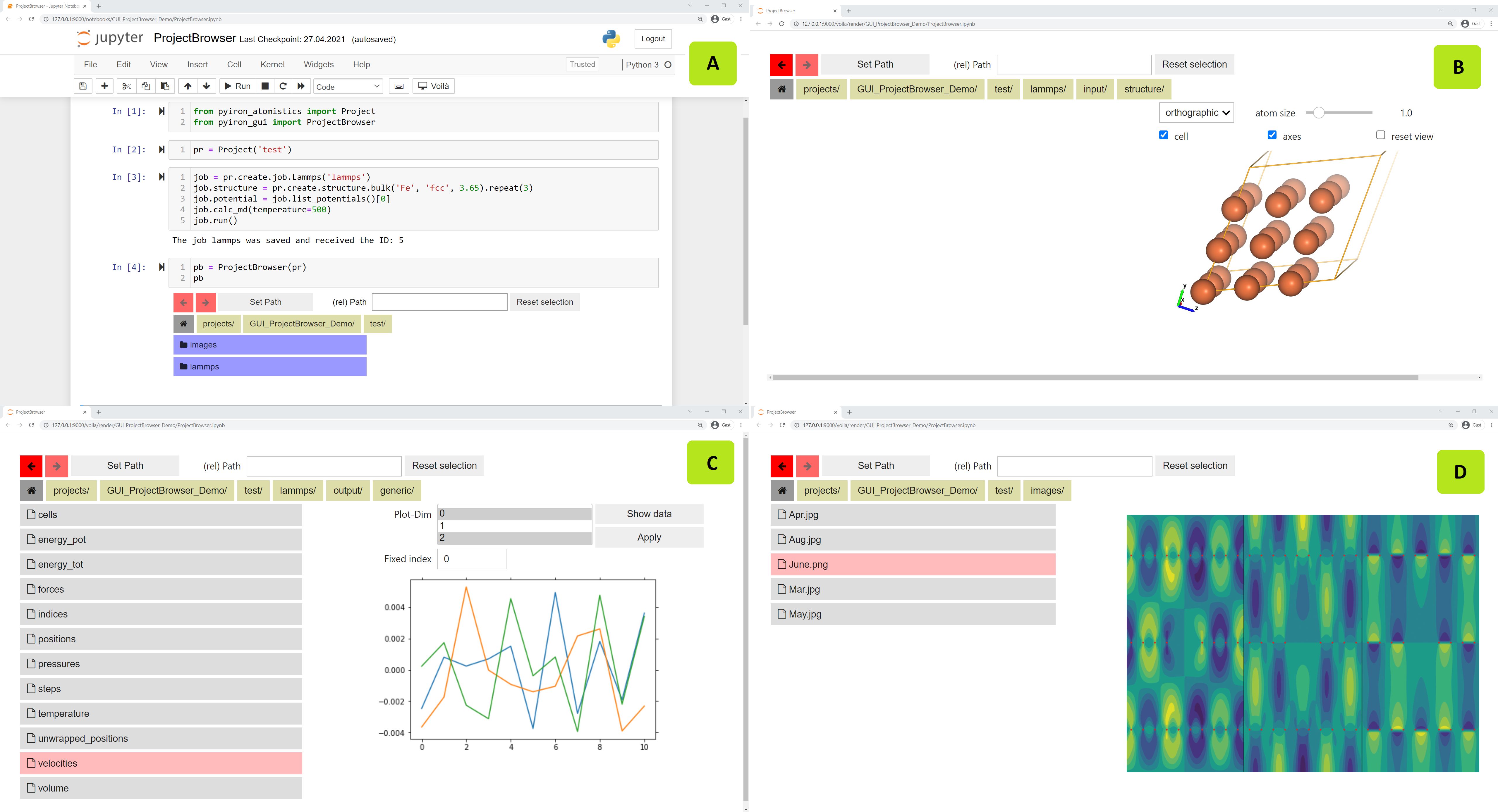 Screenshots of a project browser showing different applications. A) shows the integration of the project browser in a jupyter notebook, B) shows the input structure for a molecular dynamics (MD) calculation, C) depicts the velocities of atom 0 along the MD simulation, and D) shows the project browser to display the this MPIE-calendar image of June 2022 (© M. Paul) from a file within the project tree. Screenshots of a project browser showing different applications. A) shows the integration of the project browser in a jupyter notebook, B) shows the input structure for a molecular dynamics (MD) calculation, C) depicts the velocities of atom 0 along the MD simulation, and D) shows the project browser to display the this MPIE-calendar image of June 2022 (© M. Paul) from a file within the project tree.