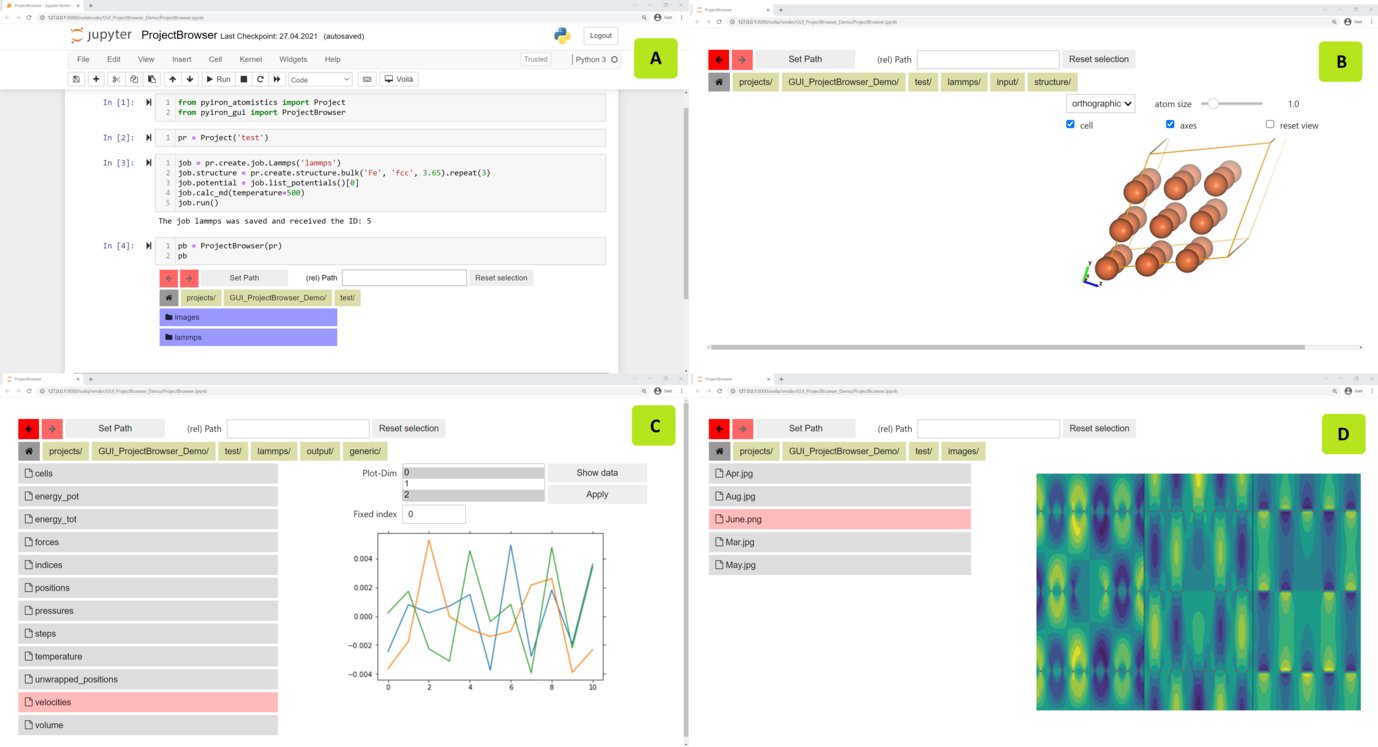 Screenshots of a project browser showing different applications. A) shows the integration of the project browser in a jupyter notebook, B) shows the input structure for a molecular dynamics (MD) calculation, C) depicts the velocities of atom 0 along the MD simulation, and D) shows the project browser to display the this MPIE-calendar image of June 2022 (© M. Paul) from a file within the project tree. 