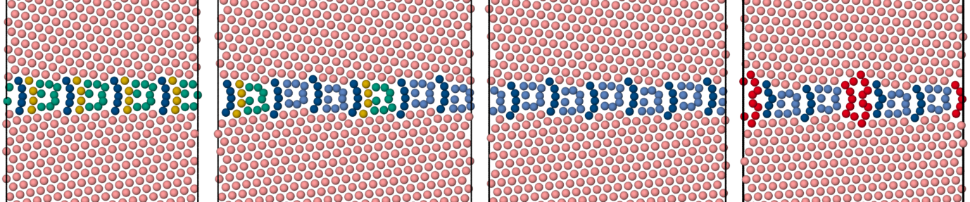 Figure 1 : Computer models of GBs in copper with [111] tilt axis and different misorientations. The displayed GB phases exhibit similar motifs. 