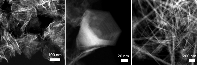 Scanning transmission electron microscopy images of FexMn1-xO2 nanosheets (left), a nanocone (center) and nanowires (right).  Scanning transmission electron microscopy images of FexMn1-xO2 nanosheets (left), a nanocone (center) and nanowires (right).