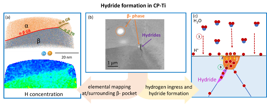 Schematic of hydride formation in CP-Ti. (a) APT elemental mapping at/surrounding β-pocket. (b) BSE-image of β-pocket in the triple joint. (c) Schematic of hydride formation 
