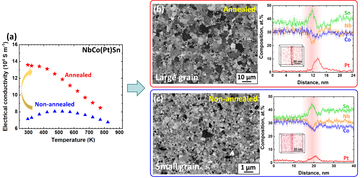Figure 2. Electrical conductivity of NbCo(Pt)Sn as a function of temperature: annealed vs. non-annealed sample. Grain size and grain boundary segregation for the (b) annealed and (c) non-annealed sample.