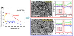 Figure 2. Electrical conductivity of NbCo(Pt)Sn as a function of temperature: annealed vs. non-annealed sample. Grain size and grain boundary segregation for the (b) annealed and (c) non-annealed sample.