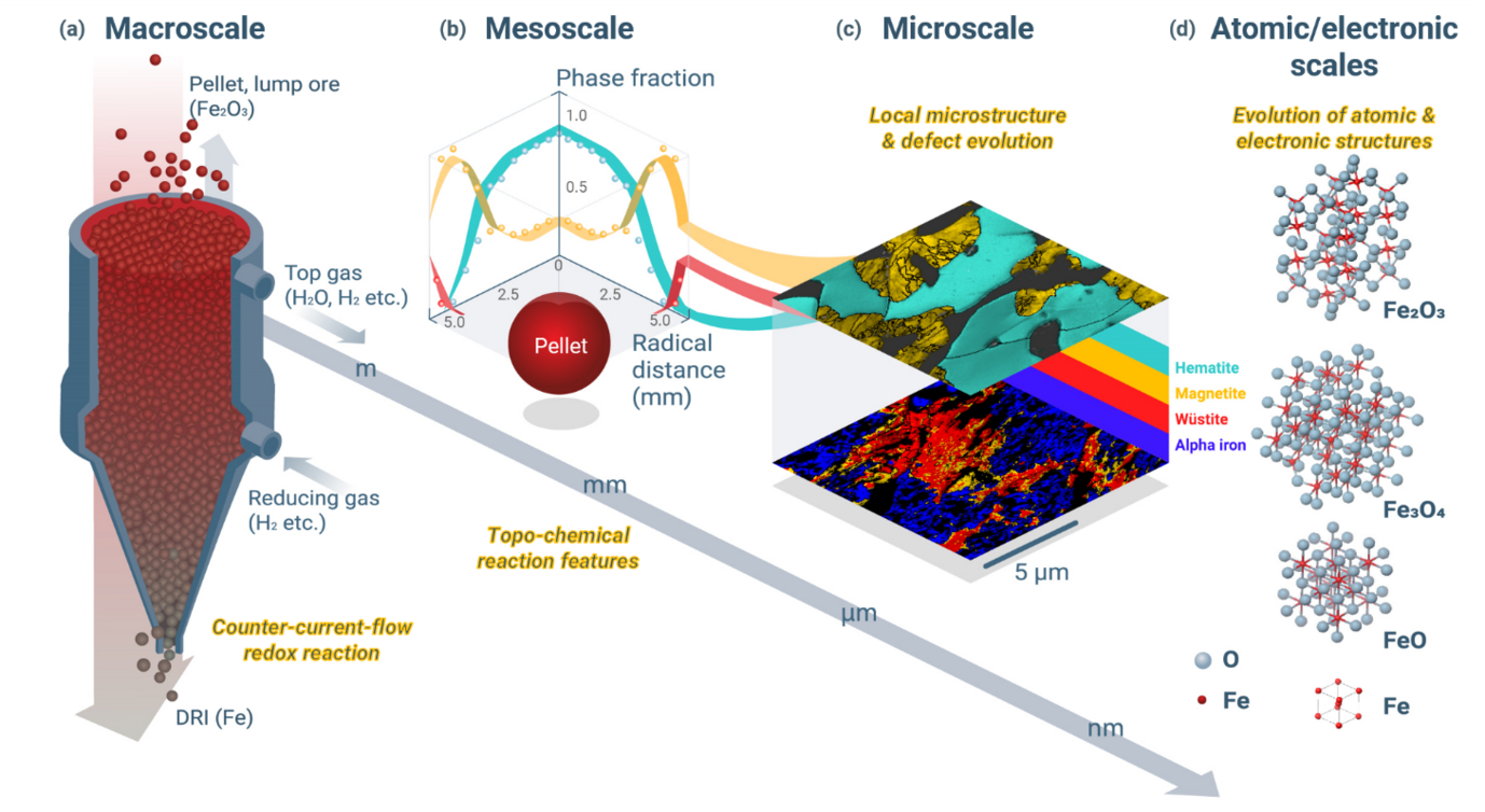 Fig. 1 Hierarchical nature of hydrogen-based direct reduction of iron oxides, exemplarily shown for the shaft furnace process. (a) At the macroscopic scale, the reduction in a shaft furnace proceeds via a counter-current-flow redox reaction and the overall reduction degree is a function of furnace height and radius. (b) At the mesoscopic scale, the iron oxide pellet is reduced depending on its topo-chemical features, i.e., phase transformations and mass transport occur in gradients as a function of distance from the pellet surface towards its center (along radius). At the (c) microscopic and (d) nanoscopic/electronic scales, the reduction takes place at the reacting interfaces, associated with the multiple physical and chemical phenomena, e.g., multistep solid-gas reactions, phase transformation, solid-state diffusion, generation of microscopic defects and porosity, where the microstructure evolves in a spatiotemporal manner, as a function of reduction time and position in the pellet. (DRI stands for direct reduced iron.)