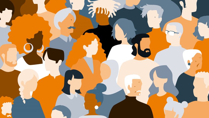 Equality Illustration of diverse people with varied hairstyles and skin tones in orange, gray, and white.