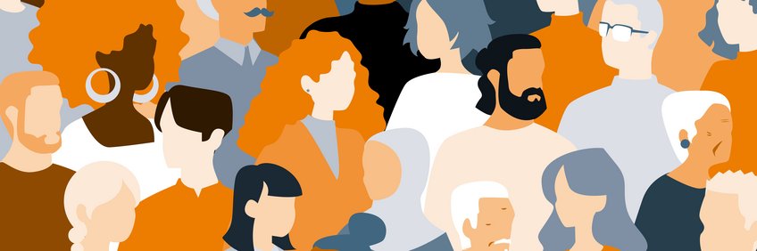 Equal Opportunities Illustration of diverse people with varied hairstyles and skin tones in orange, gray, and white.
