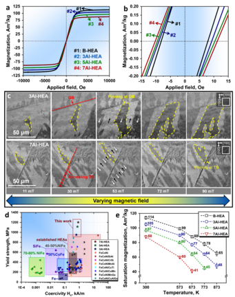 Soft magnetic behavior of the HEAs and associated Bloch wall pinning mechanisms. a, Hysteresis loops acquired up to ± 10000 Oe at room temperature. b, Hysteresis loops measured at a fine step size of 2 Oe per second, showing the coercivity of the alloys. c, Growth of the magnetic domain structure in the 3Al-HEA and 7Al-HEA, imaged by Kerr-microscopy, under external magnetic fields. d, Yield tensile strength–coercivity profiles of the investigated soft magnetic HEAs compared to those of other soft magnetic materials, such as NiFe, CoFe, SiFe, Fe and established HEAs. e, Plot of the temperature dependence of the saturation magnetization of the investigated HEAs. Soft magnetic behavior of the HEAs and associated Bloch wall pinning mechanisms. a, Hysteresis loops acquired up to ± 10000 Oe at room temperature. b, Hysteresis loops measured at a fine step size of 2 Oe per second, showing the coercivity of the alloys. c, Growth of the magnetic domain structure in the 3Al-HEA and 7Al-HEA, imaged by Kerr-microscopy, under external magnetic fields. d, Yield tensile strength–coercivity profiles of the investigated soft magnetic HEAs compared to those of other soft magnetic materials, such as NiFe, CoFe, SiFe, Fe and established HEAs. e, Plot of the temperature dependence of the saturation magnetization of the investigated HEAs.