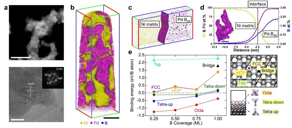 Fig. (a)&(b) as-synthesized Pd nanomaterials. (c) Extracted volume from 3D atom map of B impurity-doped Pd. (d) 1D compositional profile. (e) Binding energies Eb of B adsorbates at the Pd(111) surface and sub-surface. Fig. (a)&(b) as-synthesized Pd nanomaterials. (c) Extracted volume from 3D atom map of B impurity-doped Pd. (d) 1D compositional profile. (e) Binding energies Eb of B adsorbates at the Pd(111) surface and sub-surface.
