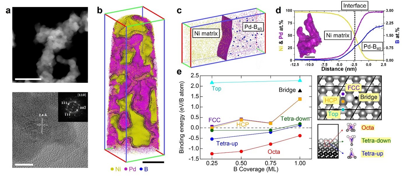 Fig. (a)&(b) as-synthesized Pd nanomaterials. (c) Extracted volume from 3D atom map of B impurity-doped Pd. (d) 1D compositional profile. (e) Binding energies Eb of B adsorbates at the Pd(111) surface and sub-surface.