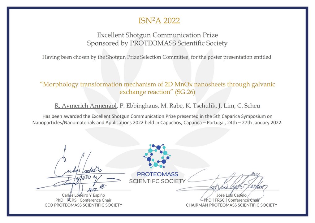 Urkunde über die Verleihung des Shotgun-Kommunikationspreises an Raquel Aymerich Armengol während des "5th International Caparica Symposium on Nanoparticles/Nanomaterials and Applications 2022" in Capuchos (Lissabon), Portugal. Urkunde über die Verleihung des Shotgun-Kommunikationspreises an Raquel Aymerich Armengol während des "5th International Caparica Symposium on Nanoparticles/Nanomaterials and Applications 2022" in Capuchos (Lissabon), Portugal.