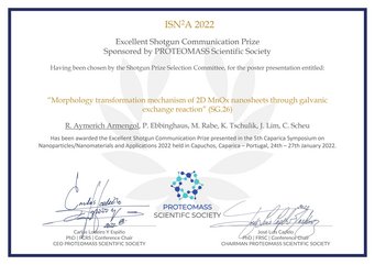 Certificate of the Shotgun Communication Prize awarded to Raquel Aymerich Armengol during the “5th International Caparica Symposium on Nanoparticles/Nanomaterials and Applications 2022” in Capuchos (Lisbon), Portugal. Certificate of the Shotgun Communication Prize awarded to Raquel Aymerich Armengol during the “5th International Caparica Symposium on Nanoparticles/Nanomaterials and Applications 2022” in Capuchos (Lisbon), Portugal.