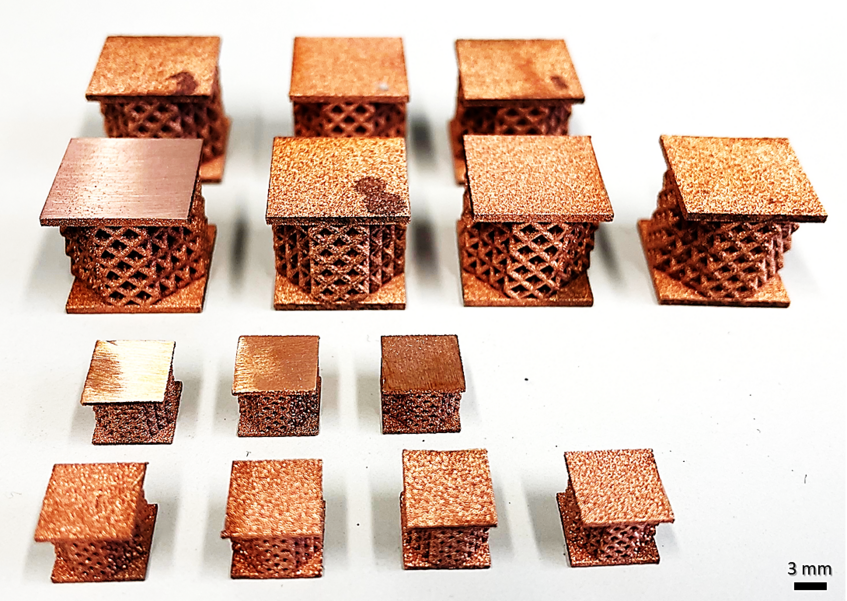 CuCrZr lattices with an octet design fabricated in two different sizes using the LPBF process. CuCrZr lattices with an octet design fabricated in two different sizes using the LPBF process.