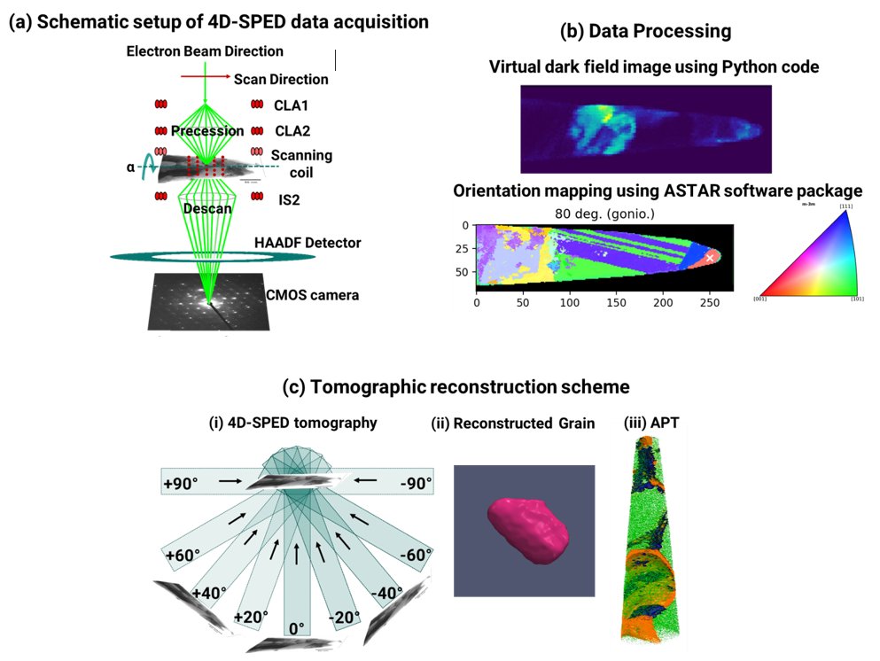 Figure 1. (a) Schematic setup of 4D-SPED data acquisition using a CMOS-based pixelated electron detector. 4D-SPED datasets are acquired for different sample tilt from -90° to +90° with 5° tilt increments. (b) Data processing using the ASTAR software package (NanoMEGAS SPRL) in combination with Python codes to generate virtual dark field (VDF) images from individual grains for used in the tomographic reconstruction. (c) 3D reconstruction scheme of the 4D-SPED tomography datasets (i) using the VDF images as input in the reconstruction, reconstructed grain (ii) and chemical information from APT data (iii). 