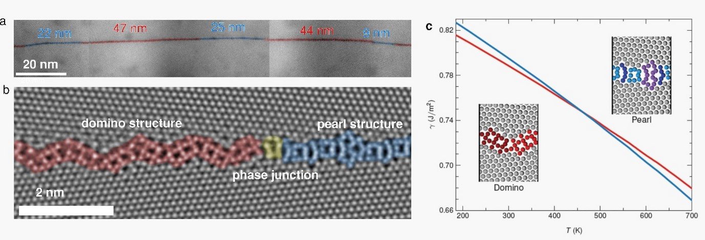 Fig.1 a Overview of a 150nm-long segment of a Σ37c [11-1] {1 10 11} GB in Cu showing the alternation of domino (red) and pearl (blue) GB phases. b Both phases -separated by a GB phase junction- are revealed on the atomic level. c Free energy calculations of both GB phases indicate a phase transition at about 460 K from the high temperature domino to the low temperature pearl phase. The insets show the GB phase structures predicted by molecular statics simulations at 0K. The predicted GB structures perfectly match to the experimentally observed ones shown in Fig. 1b.