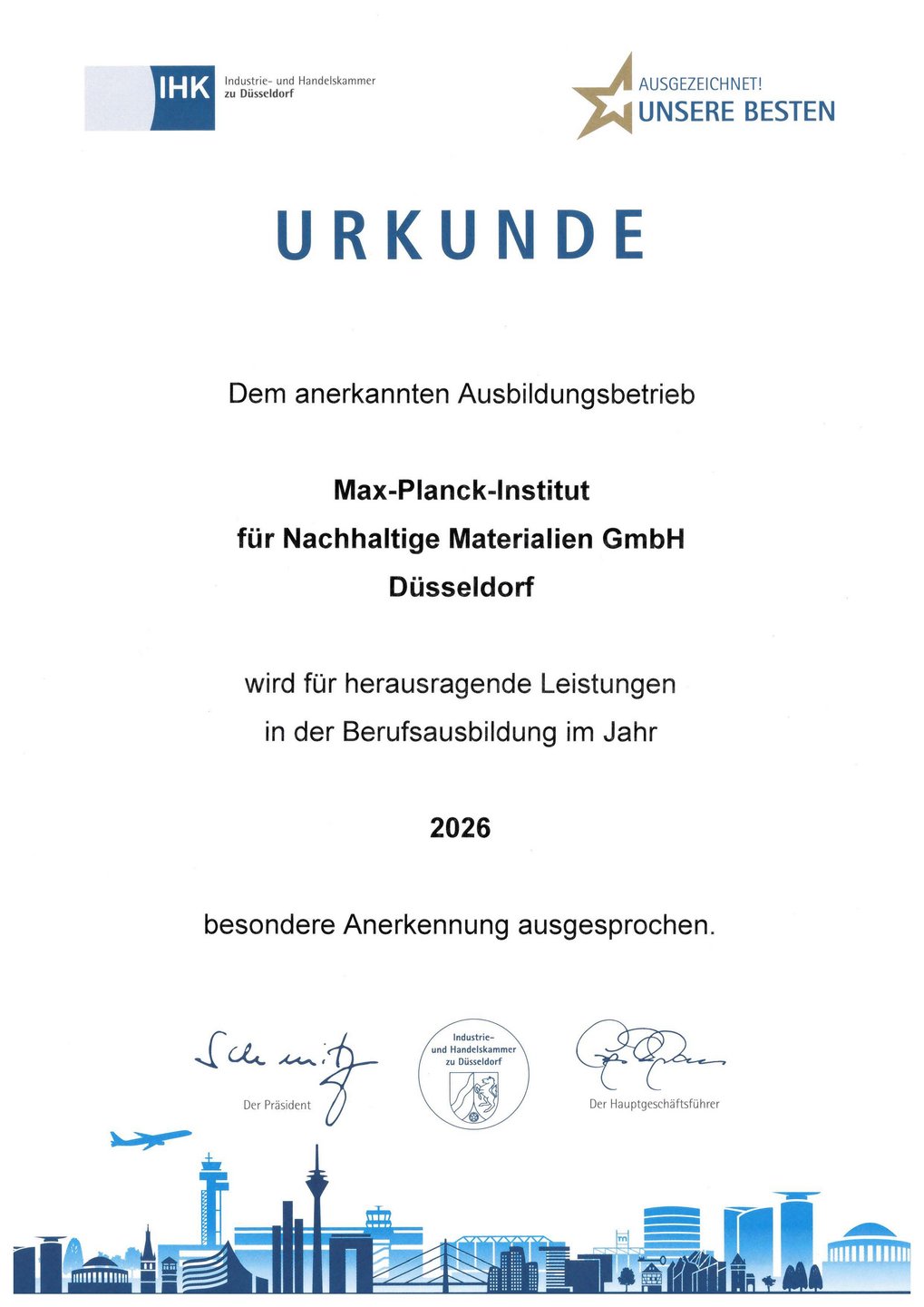 Urkunde der Industrie- und Handelskammer Düsseldorf für das Max-Planck-Institut für Nachhaltige Materialien.