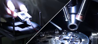 The left side shows a contacted tandem solar cell in the solar simulator at the University of Wuppertal. The right side shows the measuring equipment for the investigation of energy levels by photoelectron spectroscopy at the University of Cologne. The left side shows a contacted tandem solar cell in the solar simulator at the University of Wuppertal. The right side shows the measuring equipment for the investigation of energy levels by photoelectron spectroscopy at the University of Cologne.