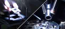 Auf der linken Seite ist eine Tandemsolarzelle im Sonnensimulator an der Universität Wuppertal zu sehen, auf der rechten die Messapparatur für die Untersuchung der Energieniveaus mittels Photoelektronenspektroskopie an der Universität zu Köln.