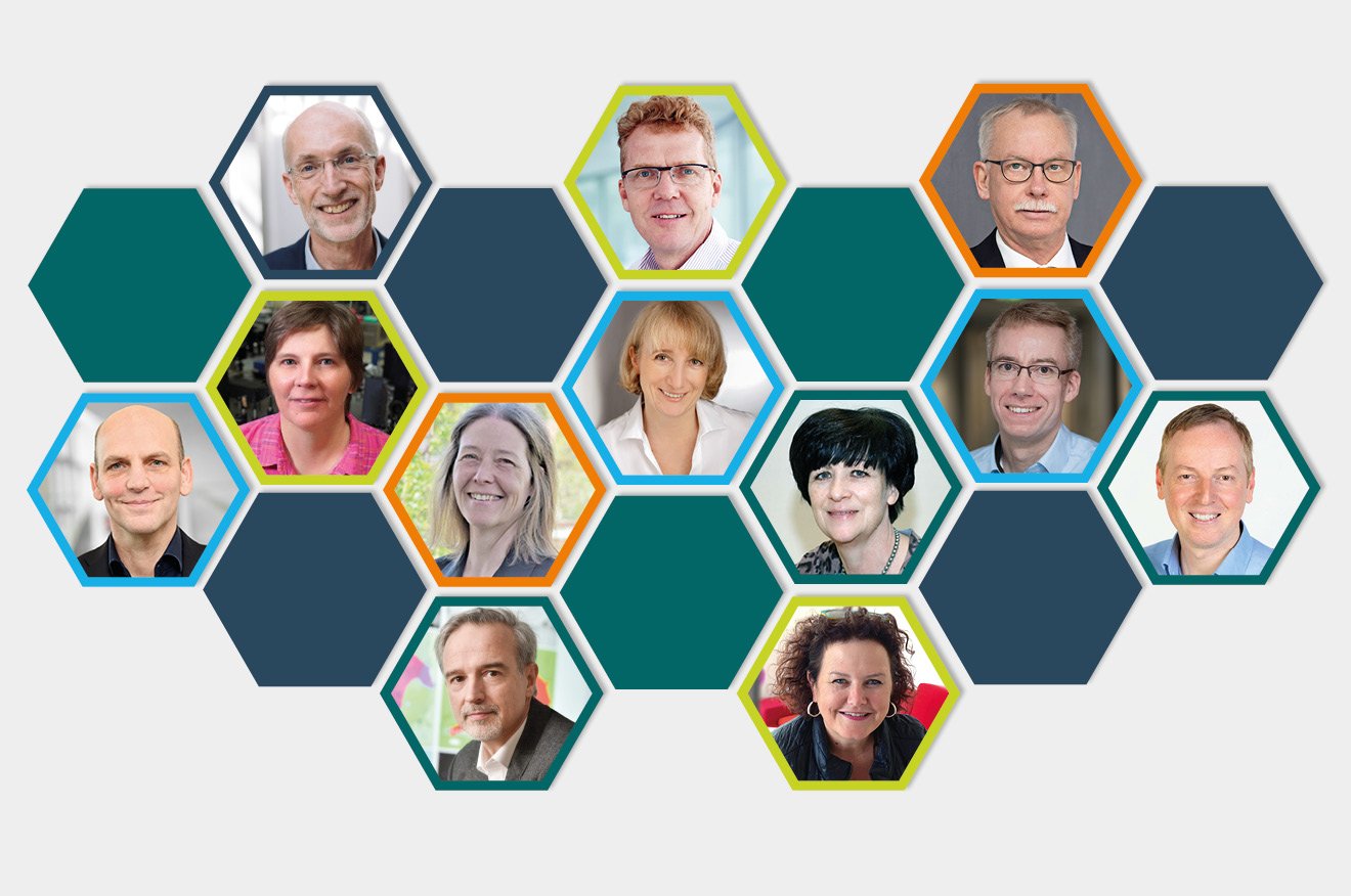 Hohe Fördergelder erhalten (von oben links nach unten rechts): Stuart Parkin, Hans Walter Rix, Ulrich Hartl, Nathalie Picqué, Elena Conti, Claus Ropers, Benjamin List, Natascha Förster Schreiber, Hannelore Ehrenreich, Martin Beck, Dierk Raabe und Erin Schuman