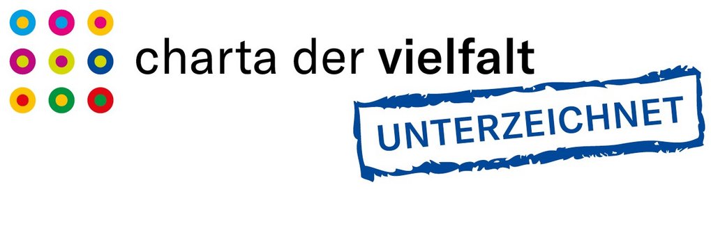 Logo features colorful dots, text "charta der vielfalt", and a blue stamp with "UNTERZEICHNET".