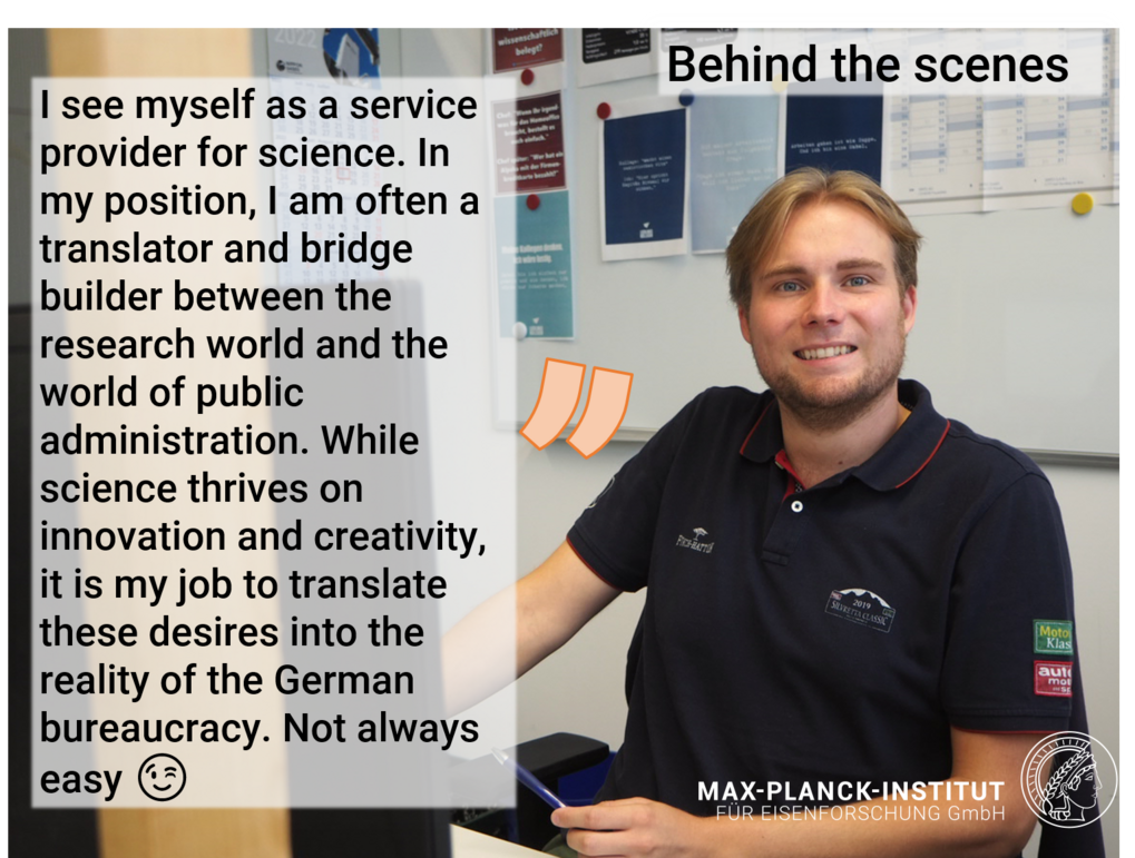 Person in an office setting with text discussing the translation of scientific innovation into bureaucracy.