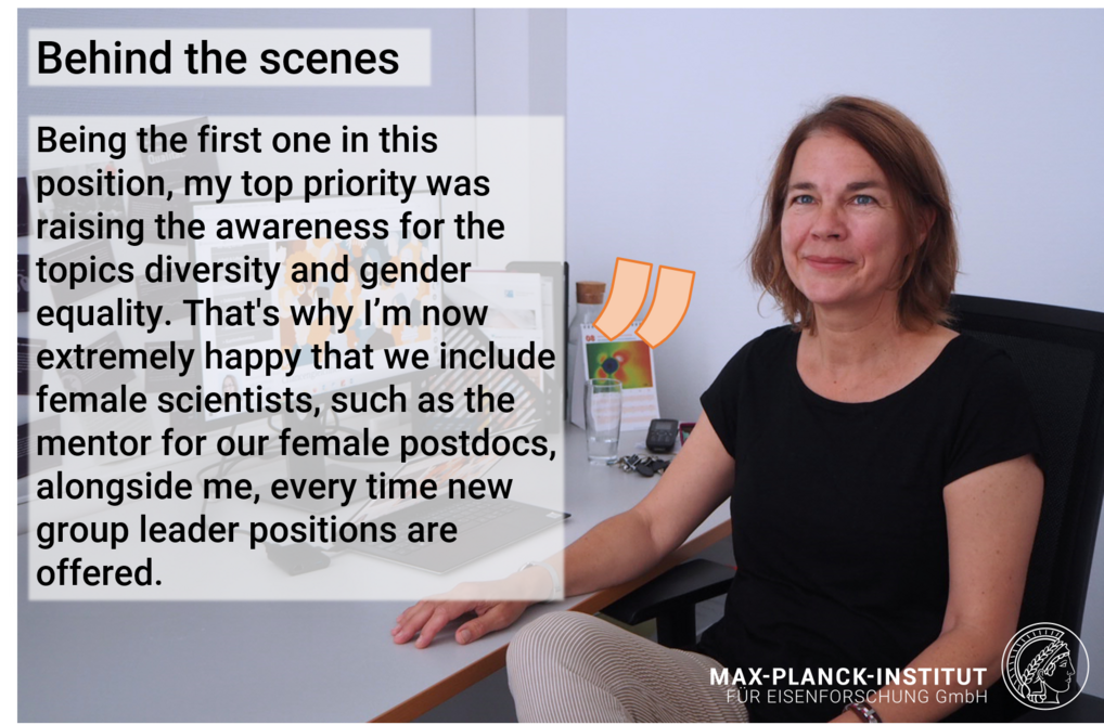 Woman seated beside a text about diversity and gender equality at Max Planck Institute.
