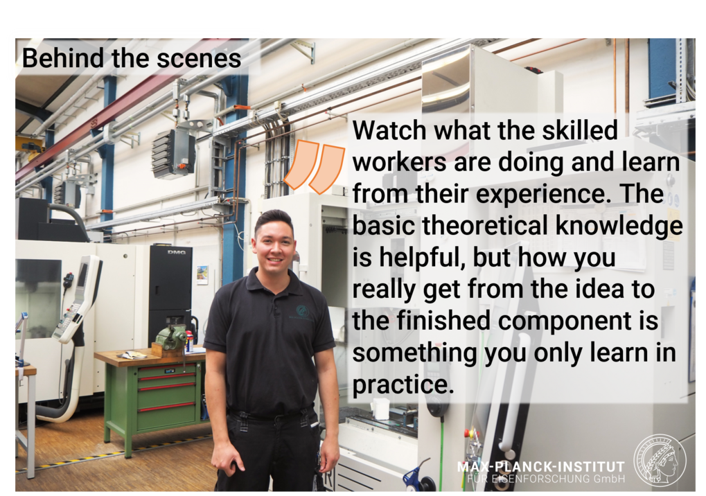 Workshop with machinery and a quote on practical learning.