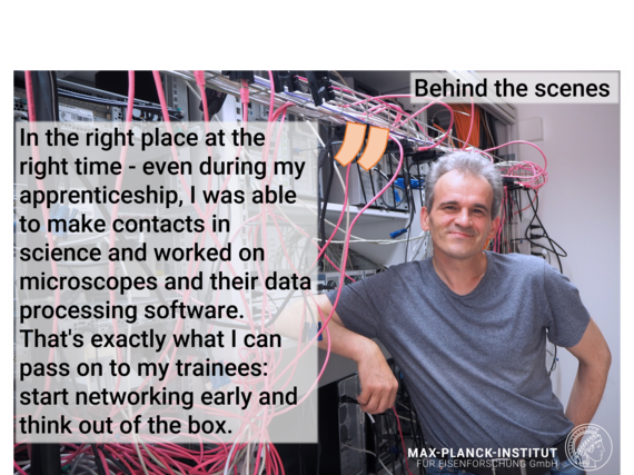 Man next to server racks with cables; quote about networking and thinking outside the box.