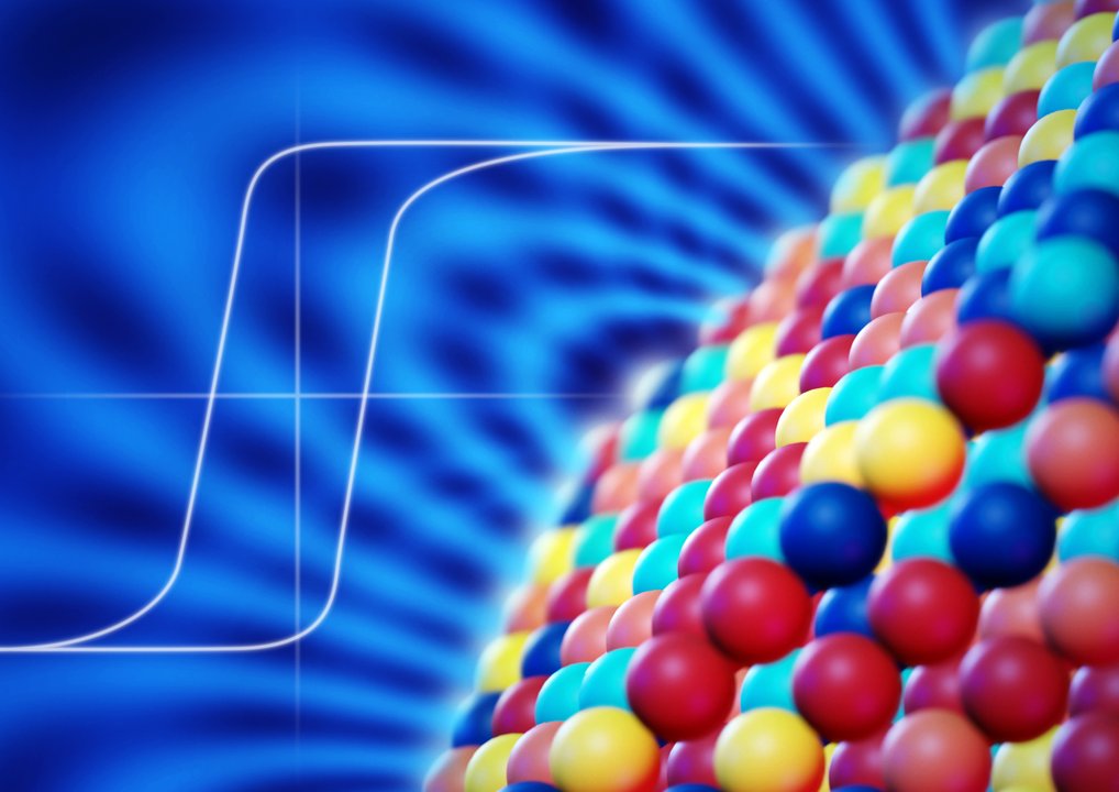 Colorful spheres arranged in a pattern against a blue abstract background.