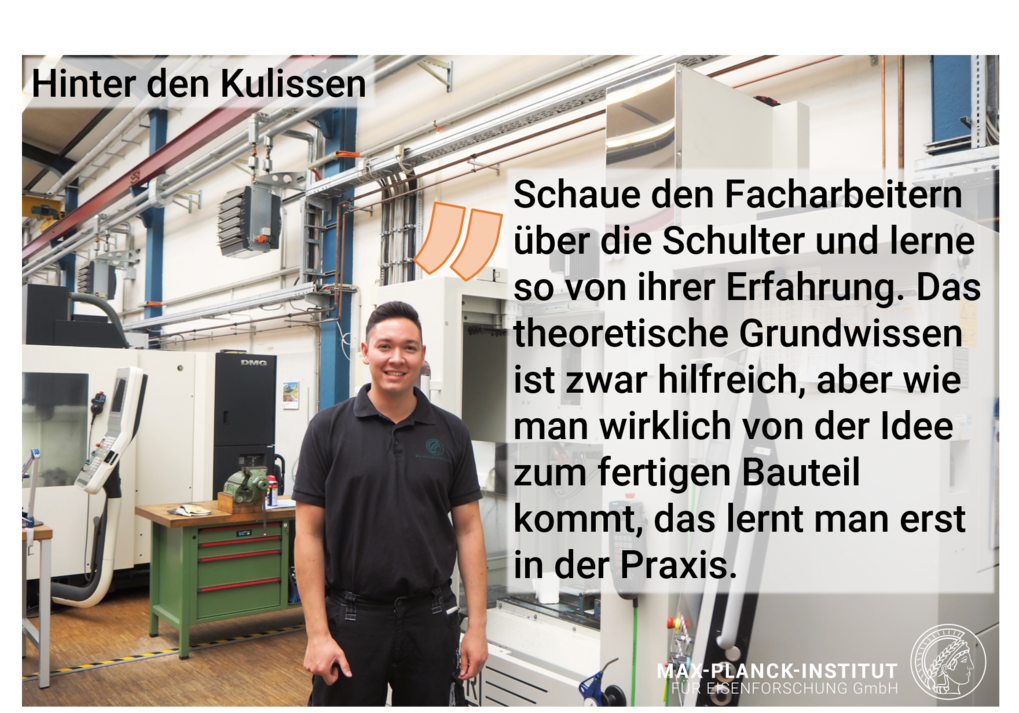 Person steht in einer Werkstatt. Daneben ist ein Text eingeblendet, der über den Mehrwert von praktischer Erfahrung spricht.