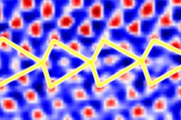 A yellow zigzag line overlays a blue background with red patterns resembling abstract shapes.