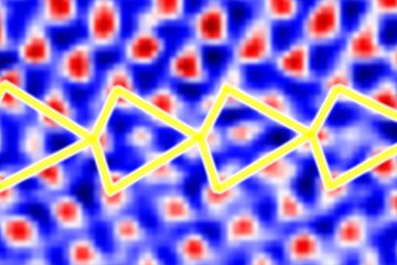 A yellow zigzag line overlays a blue background with red patterns resembling abstract shapes.