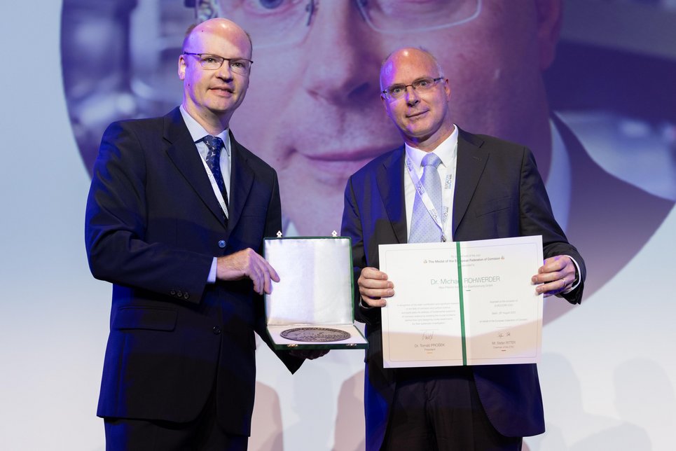 25 years of excellent contributions to corrosion science: Dr. Michael Rohwerder receiving the European Corrosion Medal at Eurocorr 2023.