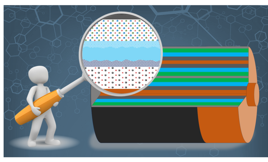 Cartoon figure with magnifying glass examining a layered cylinder.
