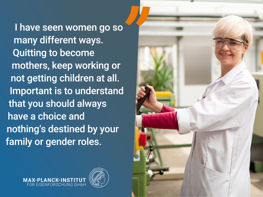 Person with safety glasses. Next to her a text about being free to choose one's own career path.