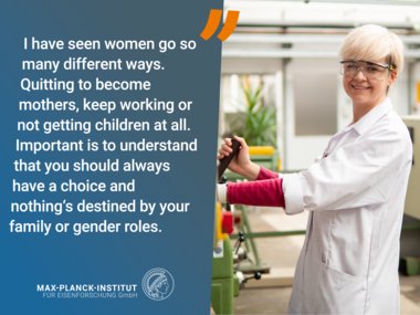 Person with safety glasses. Next to her a text about being free to choose one's own career path.