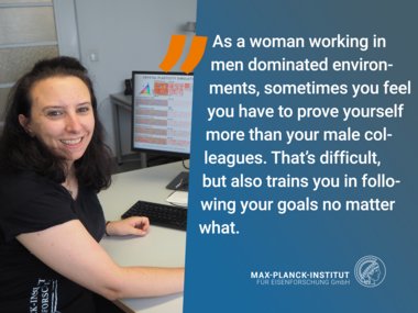 Person in an office. Next to them a text about proving oneself in male-dominated fields