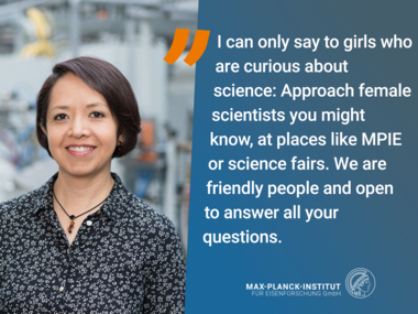 Person. Next to her a text about how and where to approach scientists if one is curious about a scientific career path