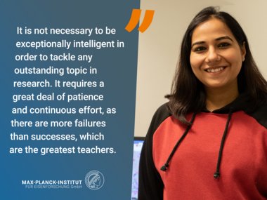 Person with a red hoodie. Next to them a text about beeing patient and doing effort for being in research.