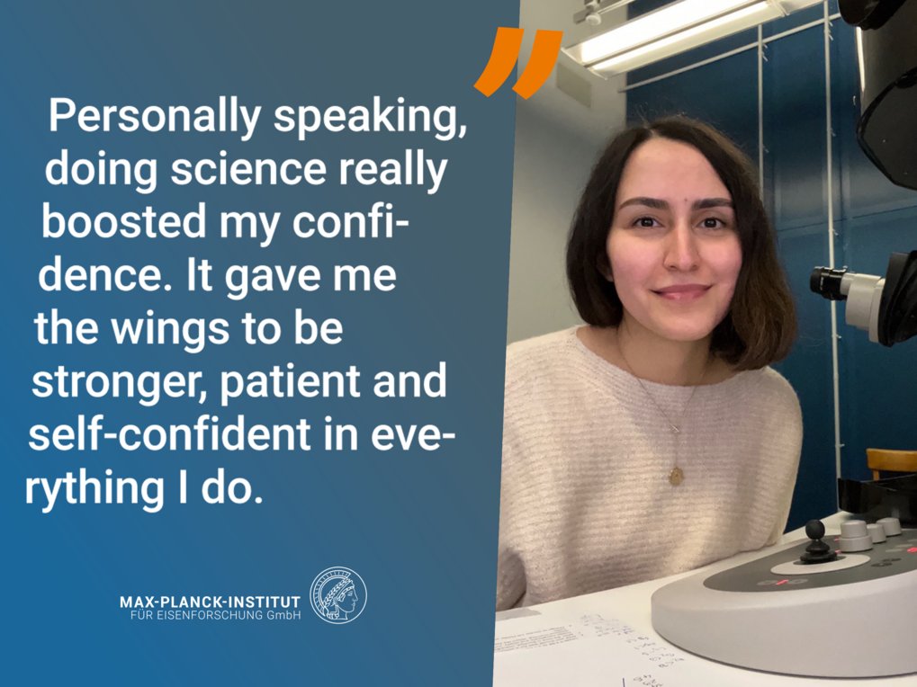 Person in laboratory. Next to them a text about science boosting confidence