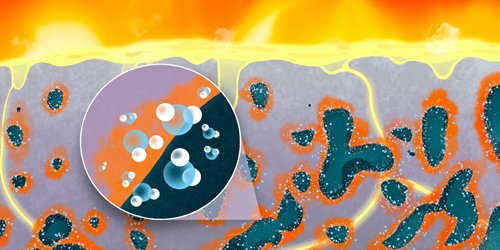 Vibrant abstract composition featuring bubbles and lava-like patterns in bright orange and blue tones.