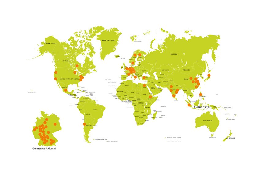 A world map displays alumni distribution marked by orange dots, with significant concentrations in Germany and scattered across Asia, North America, and Europe.