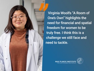 Person with glasses and a text about financial and spatial freedom for women.