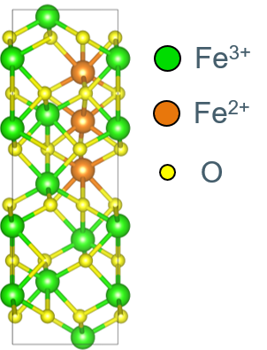 Low-energy distribution of Fe2+ (red spheres) near the charge-neutral Fe interstitial in Fe2O3. The excess Fe atom transfers two electrons to neighbouring iron atoms, thereby turning them from Fe3+ to Fe2+. The three reduced ions prefer a straight line configuration. When removing electrons (not shown) by transfering them to other locations, the outer (regular-lattice) atoms are reoxidised to Fe3+ one after the other, while the interstitial is oxidised last. Low-energy distribution of Fe2+ (red spheres) near the charge-neutral Fe interstitial in Fe2O3. The excess Fe atom transfers two electrons to neighbouring iron atoms, thereby turning them from Fe3+ to Fe2+. The three reduced ions prefer a straight line configuration. When removing electrons (not shown) by transfering them to other locations, the outer (regular-lattice) atoms are reoxidised to Fe3+ one after the other, while the interstitial is oxidised last.
