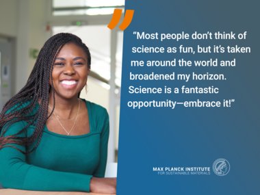 Person smiling. Next to them a text about science giving the opportunity to travel and broaden one's horizon.