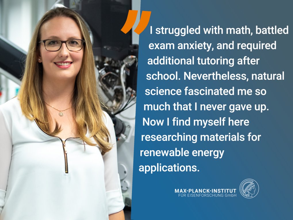 Person with glasses. Next to them a text about never giving up and following their dreams.