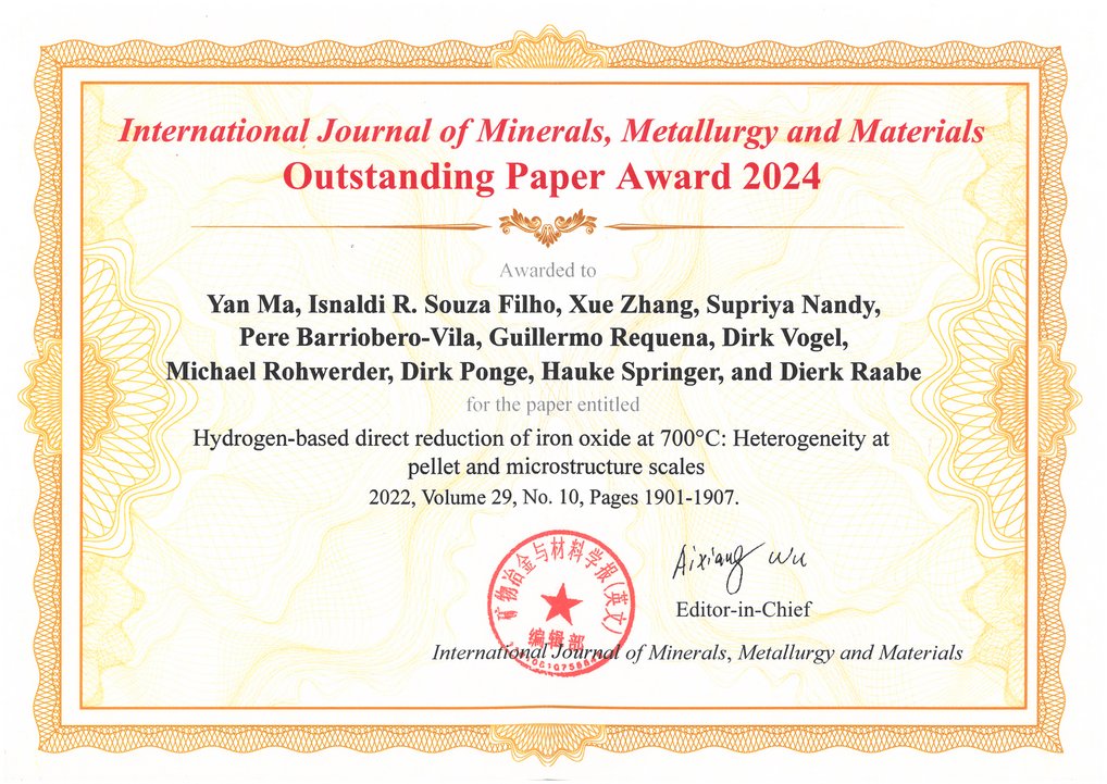 Research group leader Yan Ma and his co-authors, Isnaldi Souza Filho, Xue Zhang, Supriya Nandy, and colleagues from the Max Planck Institute for Sustainable Materials (MPI-SusMat) have been honoured with the Outstanding Paper Award 2024 by the International Journal of Minerals, Metallurgy and Materials. Research group leader Yan Ma and his co-authors, Isnaldi Souza Filho, Xue Zhang, Supriya Nandy, and colleagues from the Max Planck Institute for Sustainable Materials (MPI-SusMat) have been honoured with the Outstanding Paper Award 2024 by the International Journal of Minerals, Metallurgy and Materials.